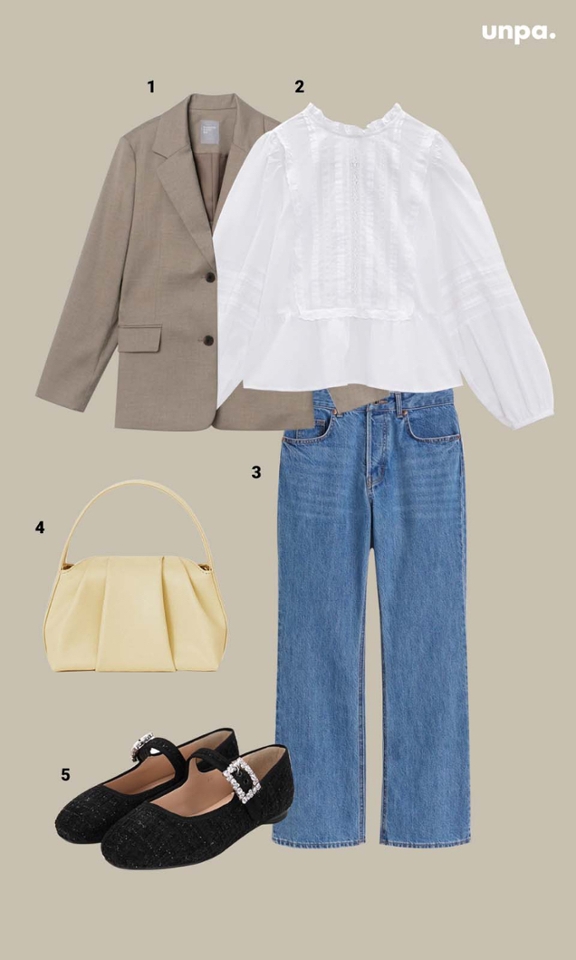 1. 에잇세컨즈 / 베이지 투버튼 싱글 재킷
2. 자라 / 로맨틱 핀턱 블라우스
3. H&M / 플레어 하이웨이스트 앵클 진
4. 아뜰리에 드 루멘 / Fantine Bag
5. 바바라 / 트위드 사각보석 장식포인트 여성메리제인플랫

너무 꾸미는거는 부담스럽다구?
충분히 내 옷장 속에 있을 법한 베이지 재킷에
여성스러운 화이트 블라우스를 매치해 주고
데님 팬츠로 발랄하면서
캐주얼한 하객룩을 완성해 봤어♥

이런 베이직한 코디에는 유니크한 악세사리로 포인트를 주면
좀 더 개성 있고 신선해 보여.

에디터는 노란색 핸드백과
슈즈 같은 경우는 보통 메리제인 슈즈가 아닌
트위드 소재의 볼드 한 큐빅 스트랩 디자인이 돋보이는
구두를 매치했는데
특별해 보이고 충분히 격식 있어 보이지?