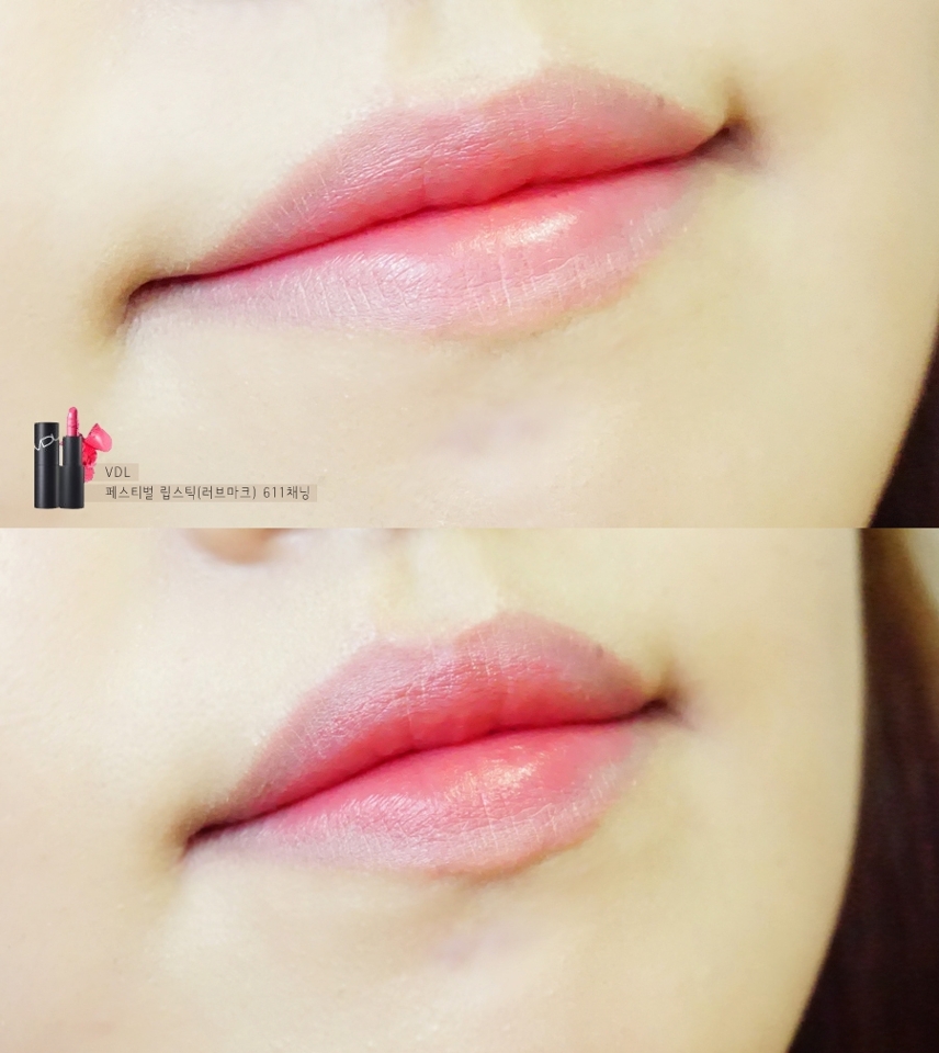 사용제품 : VDL 페스티벌 립스틱(러브마크) 611채닝
 
핑크빛 립스틱을 전체적으로 옅게 발라준 후, 중간 부분만 살짝 진하게 덧발라줬어요.