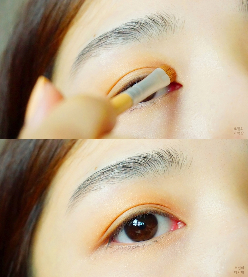 눈두덩에서 눈 앞머리쪽과 뒷머리쪽에 좀더 덧발라주어서 조금 더 입체적으로 보일 수 있도록 연출했어요.