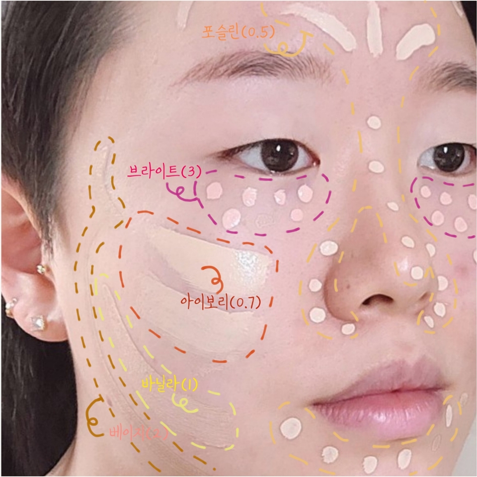 가장 밝은 컬러인 0.5호 포슬린은 이마&콧대 하이라이팅, 0.7호 아이보리는 광대 부근 하이라이팅, 1호 바닐라는 중간 베이스로 깔아 주고, 2호 베이지로 쉐딩, 3호 브라이트로 눈 밑까지 밝혀주면 LUNA 롱래스팅 팁 컨실러만으로 베이스 완성😀

한 제품으로 간단하게 커버력과 입체감을 모두 살린 메이크업을 할 수 있다니 너무 좋다 이거야요!