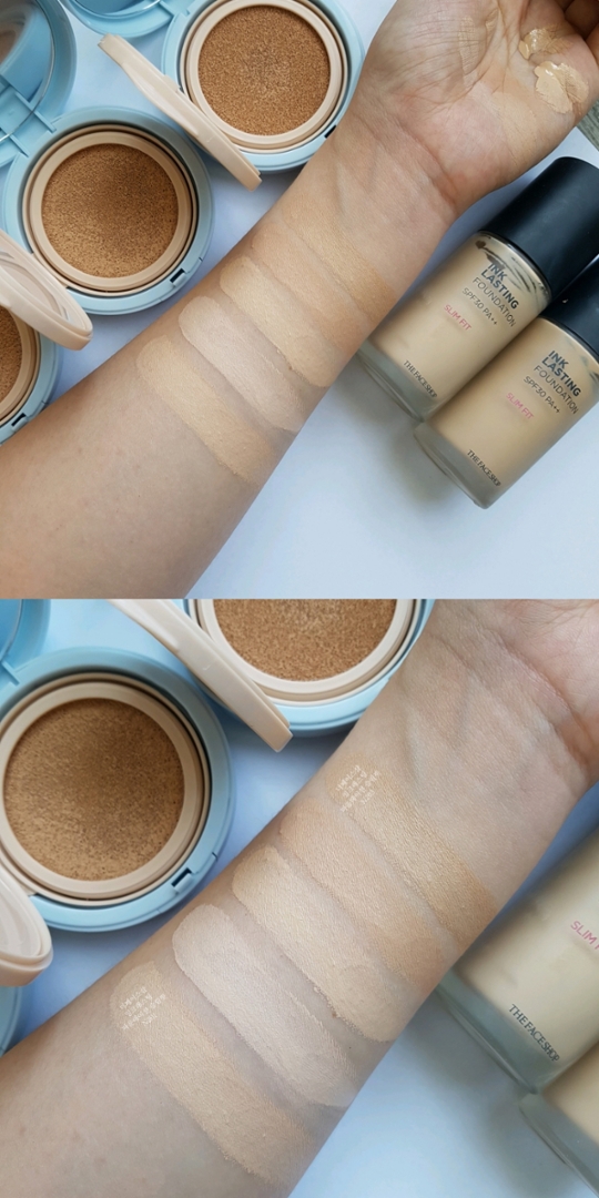 
혹시나 제 리뷰를 보고 삐아 스파광 롱웨어를 구매하시는 분이 계실까봐, 
삐아 쿠션의 다른 색상 및 유명템과의 비교 발색샷도 가져왔어요-💜

베이스 메이크업은 무엇보다도 색! 색상이 제일 중요한거 아시죠? 

이 사진 보시고 언파님들의 피부에 찰떡 같이 달라붙는 컬러를 픽하시길 바래요~😍 

-

왼쪽에서부터 
​
더페이스샵 잉크래스팅 파운데이션 슬림핏 N201 
삐아 스파광 롱웨어 쿠션 17호 
삐아 스파광 롱웨어 쿠션 21호 
삐아 스파광 롱웨어 쿠션 23호 
더페이스샵 잉크래스팅 파운데이션 슬림핏 N203 이에요.
​
-

삐아 스파광 쿠션은 정직한 21호, 23호 밝기에요. 
제가 17호는 제 인생에서 써본 적이 없어서 객관적인 밝기는 모르겠으나....
21호 자체가 많이 밝은 편은 아니기 때문에 
밝은 21호를 쓰시던 분들께는 17호를 추천드리고 싶어요. 
​
더페이스샵 잉크래스팅 파운데이션 슬림핏 기준으로는 
N201 색상이 맞으셨던 분은 21호를, 
N203 색상이 맞이셨던 분은 23호를 
픽! 하시면 될 것 같아요. 
대체로 노란빛이 많이 빠진 뉴트럴한 컬러라서, 
웜톤과 쿨톤 구분 없이 무난하게 사용할 수 있을 것 같아요. 


