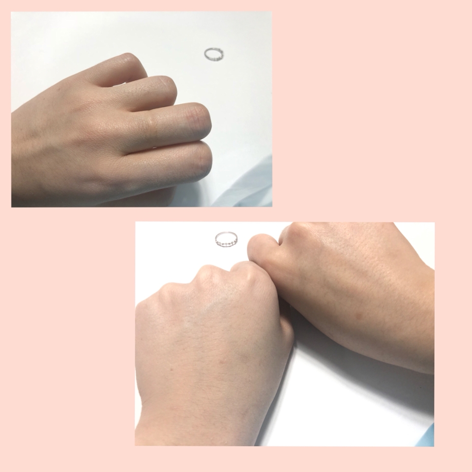 제품바른 손등과 아닌손등 비교샷이에요! 바른손만 봤을땐 이게 톤업이 된게맞나..?싶을정도로 티가 안났는데 비교해보니까 역시.. 엄청나게 톤업된거더라구요..ㅋㅋㅋ 반지를 끼고 발랐는데 반지있던 부분만 까매요!ㅋㅋ 효과가 진짜 좋네요..