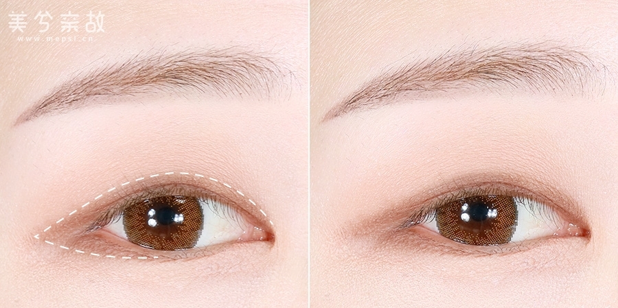 홑꺼풀은 그라데이션을 너무 많이 하지 않는 게 좋아요.
선이 더 또렷해질 수록 눈매가 더 또렷해 보이기 때문이랍니다.
너무 끊어지는 느낌이 들지 않도록 선이 생기지만 않게 살짝만 그라데이션해주세요.
