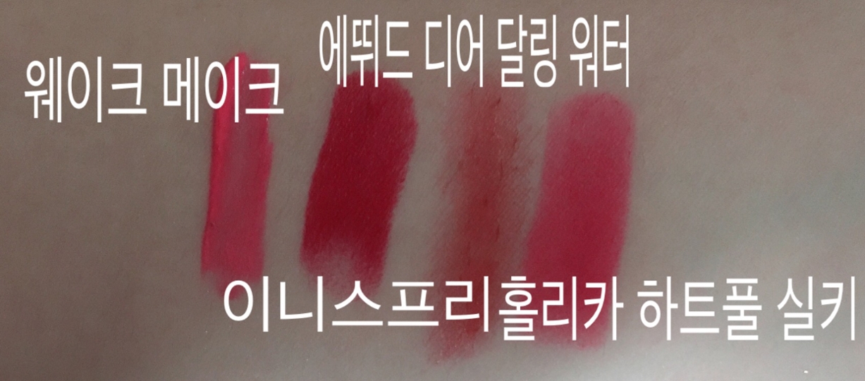 다 쓰는데 여기서 존좋템은 웨이크메이크 제품 발색이 대박인 제품으로 유명하져 근데 향이 별루..일단 색도 이쁘고 발색도 좋고 지속력도 좋으니까 존좋👍🏻 이니스프리 홀리카는 좀 매트하더라고 색상 궁금하시면 댓글 달아주세요 에뛰드는 발색이 별루예요