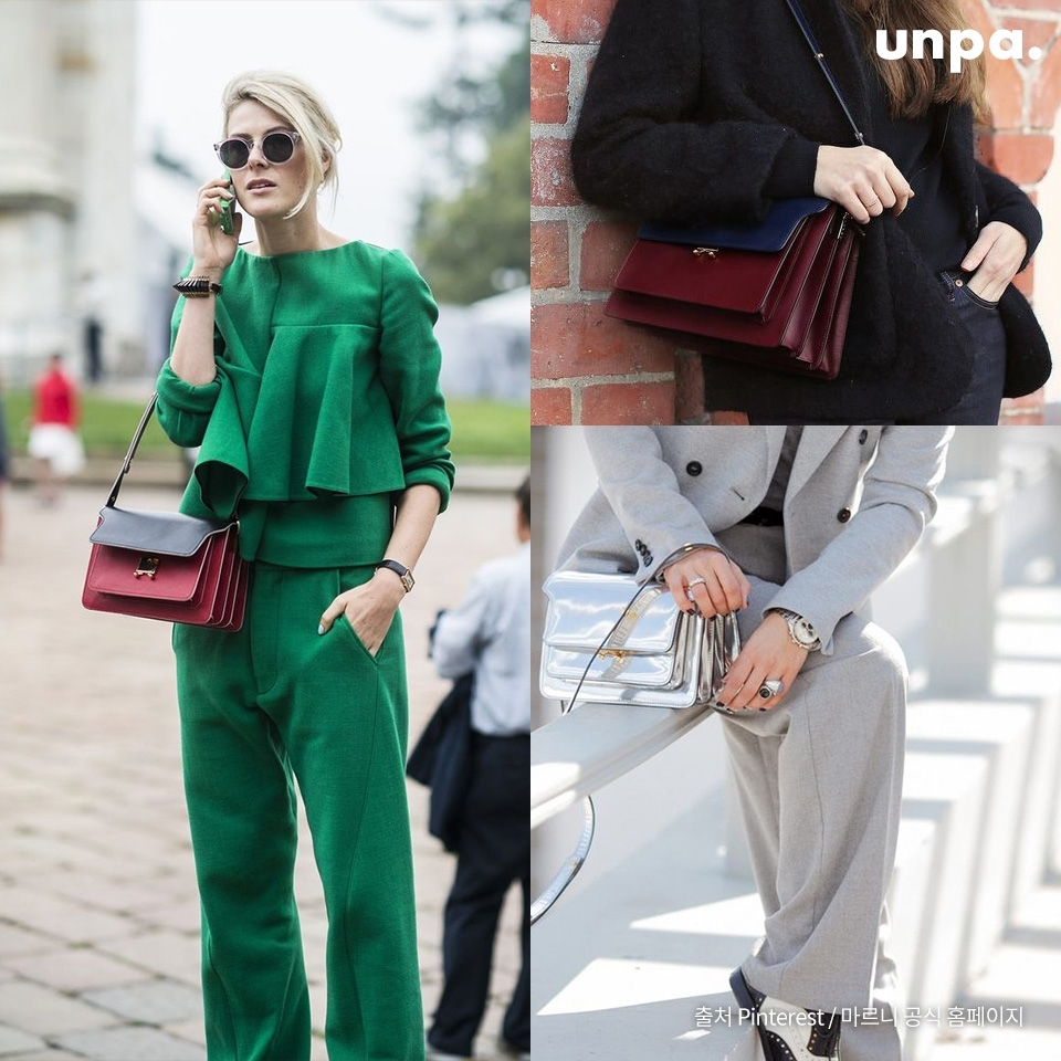 MARNI

국내에서도 많은 셀럽들이 착용해 핫하다는
마르니 트렁크백!

심플한 외관은 물론, 사이드를 보면
아코디언 악기를 보는 것처럼 독특한데,

실제로 내부를 보면 주머니를 포함한
5개의 수납공간으로 나누어져 있대!