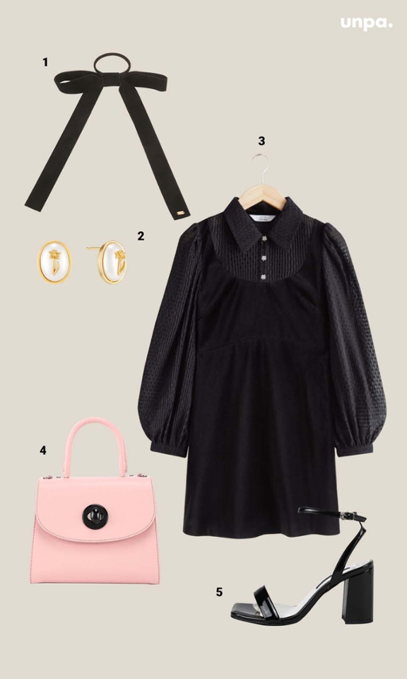 1. 빈티지헐리우드 / Hailey Velvet Ribbon Hair String
2. 타티아나쥬얼리 / 오벌 앤티즈 로즈 귀걸이
3. 앤아더스토리즈 / 레이어드 클로버 버튼 미니 드레스
4. 조셉앤스테이시 / 조셉 에이미니 플러스 멜로우 로즈
5. 모노바비 / 베스리

결혼식 하객룩으로 접근하게 제일 쉬운 원피스
원피스 하나만 딱 입어도
충분히 격식 있고 우아해 보이지 *_*
그래서 원피스 아이템을 활용한
두 가지 코디를 소개할게,

먼저 격식 있는
블랙 컬러의 미니 원피스를 활용한 룩인데,
올블랙은 자칫 칙칙해 보일 수 있기 때문에,
여기에 화사한 진주 귀걸이와
분위기를 전환해 줄 포인트 컬러 백으로
마무리해 주면 좋을 것 같아
