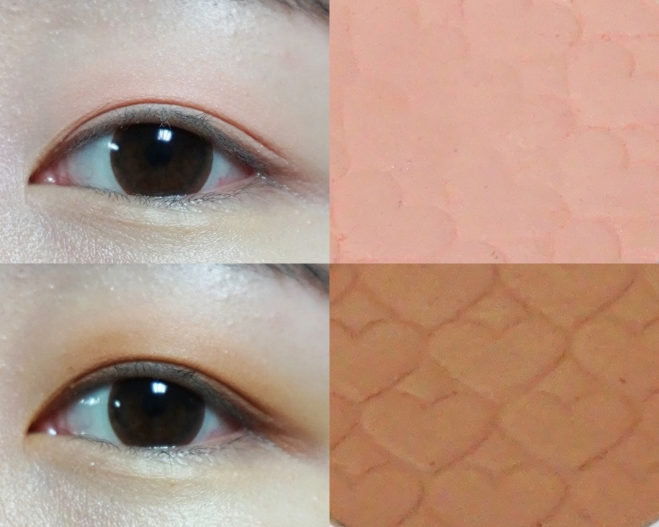 피치 라떼는 누가 봐도 베이스 컬러용이에요 워낙 은은하게 발색되니 포인트로 쓰기에도 옅은 색이에요 이 색은 파스텔톤이어서 봄웜은 물론 여름쿨도 쓰기 좋을 것 같습니다 해변에선 코코넛은 카라멜브라운 같은 색상이라 가을 겨울에 쓰기엔 깊이감이 좀 떨어져요