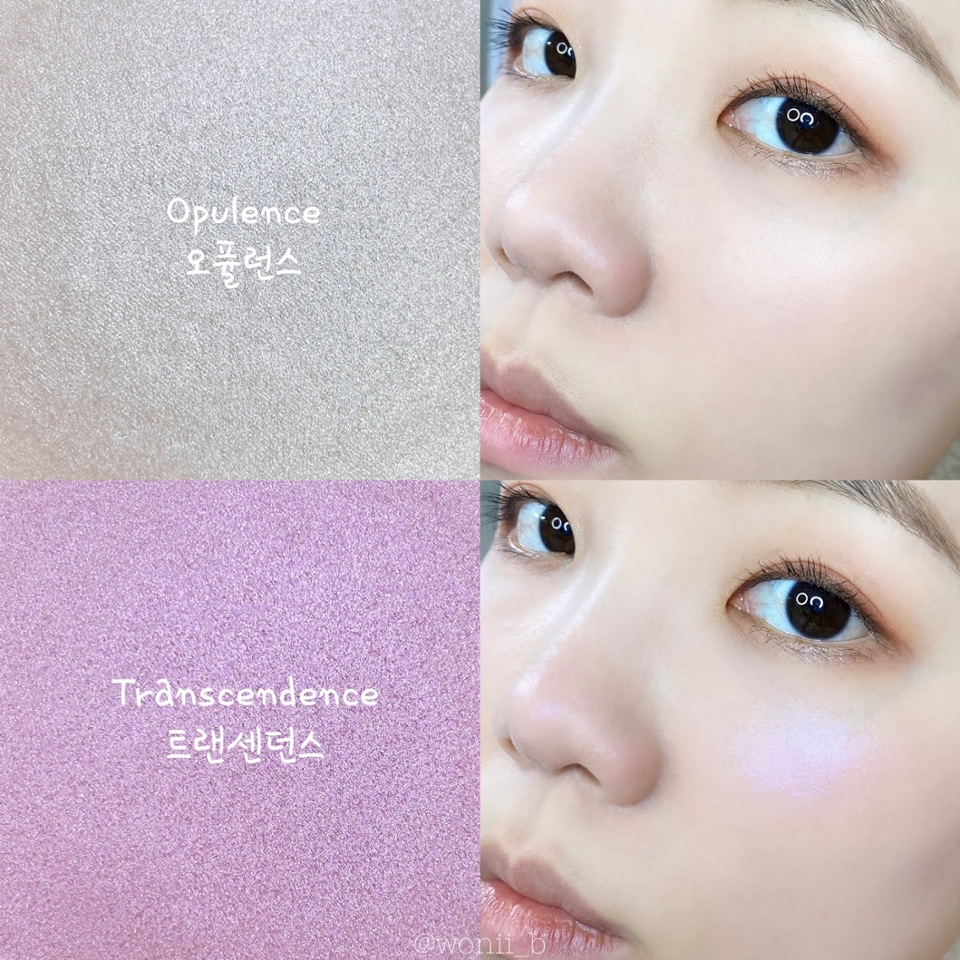 #오퓰런스 (Opulence): 화이트 베이스에 오팔 펄! 은은하게 발라주면 하이라이터로 딱이에요👍👍

#트랜센던스 (Transcendence): 은은한 핑크 라벤더 컬러라서 쿨톤 분들께서 좋아하실것 같아요! 연하게 하이라이터로도 좋지만 같은 계열 블러셔를 깔아준 후 위에 살짝 덧발라줘도 좋을것 같아요!