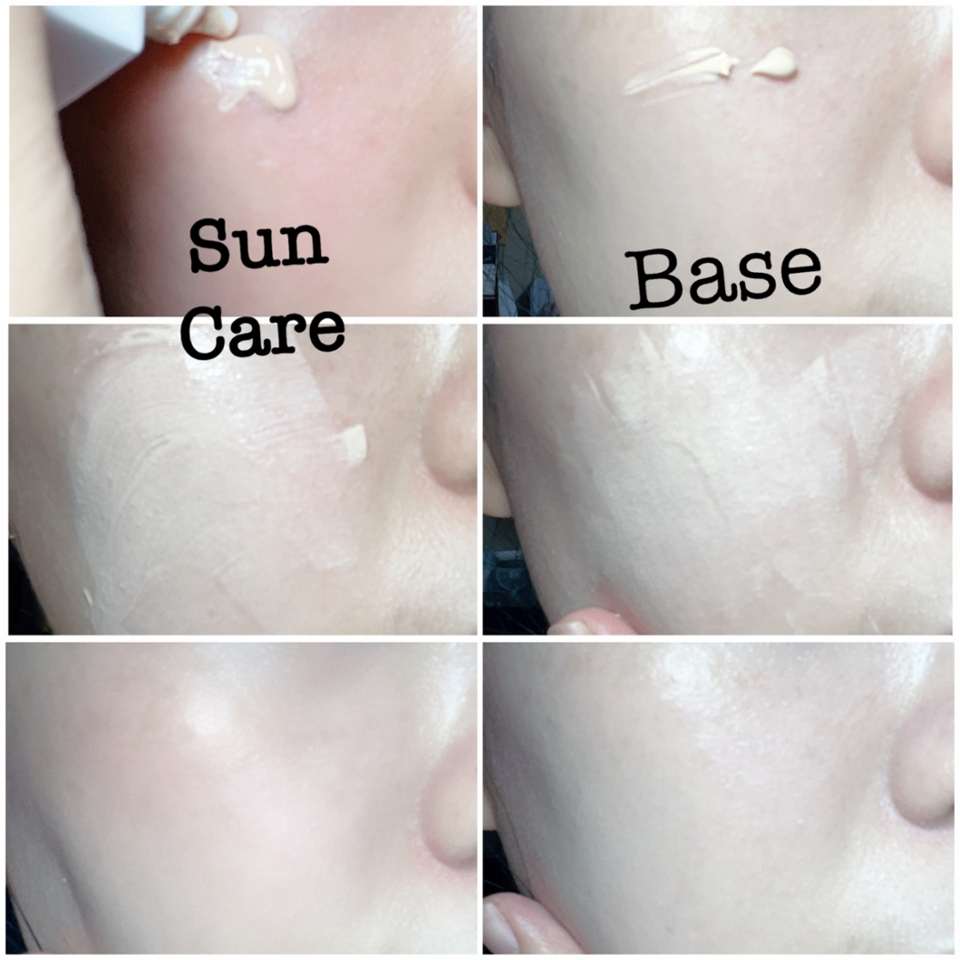 ※ 참고
: 사진은 세로로 한줄, 한줄 이렇게 봐주시면 됩니다.
왼쪽 세로줄은 톤업 선밀크로 피부를 한층 약간 톤업시켜서 톤 보정을 해주는 단계구요
오른쪽 세로줄은 커버와 함께 나름 화사하게 톤을 잡아주는 단계에요

→ 제가 이 두 제품을 같이 소개하는 이유는요...
일단, 전 속건조를 잘 느껴서 베이스 전에 바르는 선케어가 되게 중요하거든요? 근데 선밀크가 촉촉하면서도 잘 밀리거나 뭉치는게 없어서 넘버즈인 베이스처럼 약간 피부에 밀착되듯이 발리는 그런 크림 제형과 잘 어울리는 것 같더라구요ㅎㅎ 둘 다 피부톤 보정도 되고, 좀 화사하게 피부 톤을 연출해줘서 피부 안색을 살리는 적당한 커버 베이스를 하고 싶을 때 사용하면 좋겠다 생각해서 한번 소개드려봤습니다