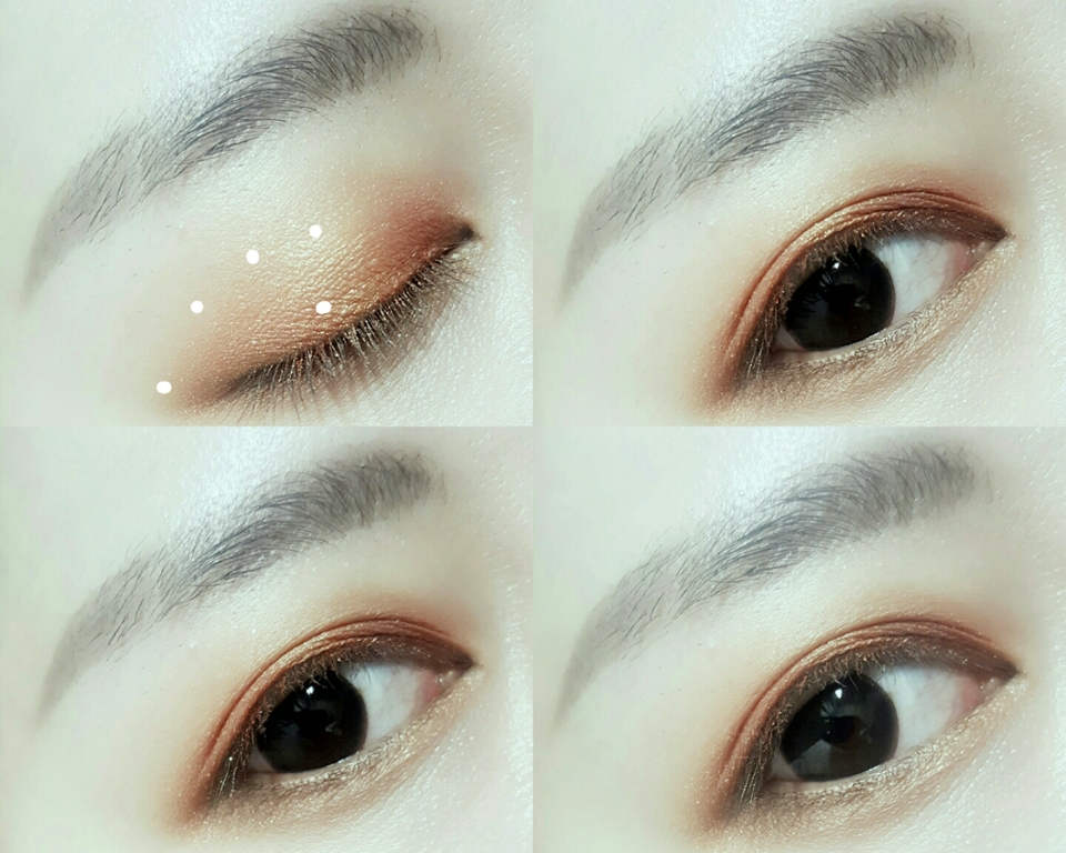 정석 오렌지색을 눈 윗부분  끝부터 1/3 지점까지 발라주세요 (에뛰드하우스 피버오렌지)