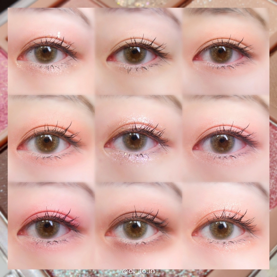 사진 보다 실물이 백배 천배 더 예뻐요ㅠㅠㅠ 카메라가 색감이랑 펄을 잘 담지 못해서 아쉽...ㅜ

피오니 솔트 : 아주 잔잔한 핑크펄이랑 엄청 큰 펄이 있는데 큰 펄이 빛에 따라 연두, 연주황으로 비춰져서 웜톤분들도 사용하기 좋을거 같았어요

샤이닝 페탈 : 상아색 베이스에 은색 펄들이 콕콕 박혀있어요 아이메이크업 베이스로 사용하기 좋은데 베이스 치곤 펄이 많이 들어가 있는 편이에요!

로지 누드 : 연한 로즈 누드 브라운 컬러에요 여기에도 자세히 보면 펄이 좀 들어가 있더라고요 
이 컬러도 베이스 용도로 사용하기 좋을거 같아요

모브 우드 : 은은한 핑크 쉬머 섀도우에요
이 컬러도 좀 연한 느낌이에요

베가스 라이트 : 핑크퍼플펄들이 촤라라 있어서 너무 예뻐요ㅠㅠ 큰 펄들도 좀 있어서 더 예쁘더라고요!

베일드 부케 :  핑크 + 은 펄인데 빛에 자글자글? 빛나는게 예뻐요!

라스 콜로라다스 : 핫핑크, 플럼 컬러에요! 포인트 주기 좋을거 같아요 근데 금펄이 좀 아쉽더라고요..ㅜ

체리 초콜릿 : 약간 자주색 느낌 나는 브라운 컬러에요 여기에도 펄이 들어가 있어요
근데 다른 컬러에 비해 발림성이 약간 안 좋았어요

데킬라&라임 바질 : 붉은 베이스에 민트펄들이 들어가 있어요 빛에 빛나는게 촉촉해보이고 진짜 빤짝빤짝 거려요!!