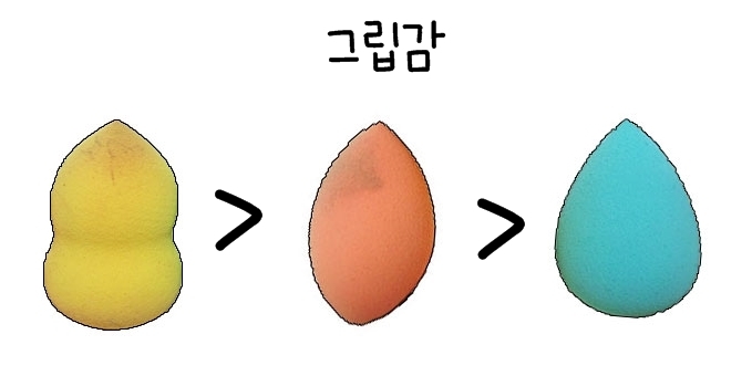 똥펀지가 굴곡이 있어서인지 손으로 잡고 두드릴때는 더 편리하더라구요. 물방울퍼프는 전체적으로 둥글다보니까 개인적으로 두드릴때 면적이 좁은 것 같아서 제일 낮은 순위에 배치했어요 !