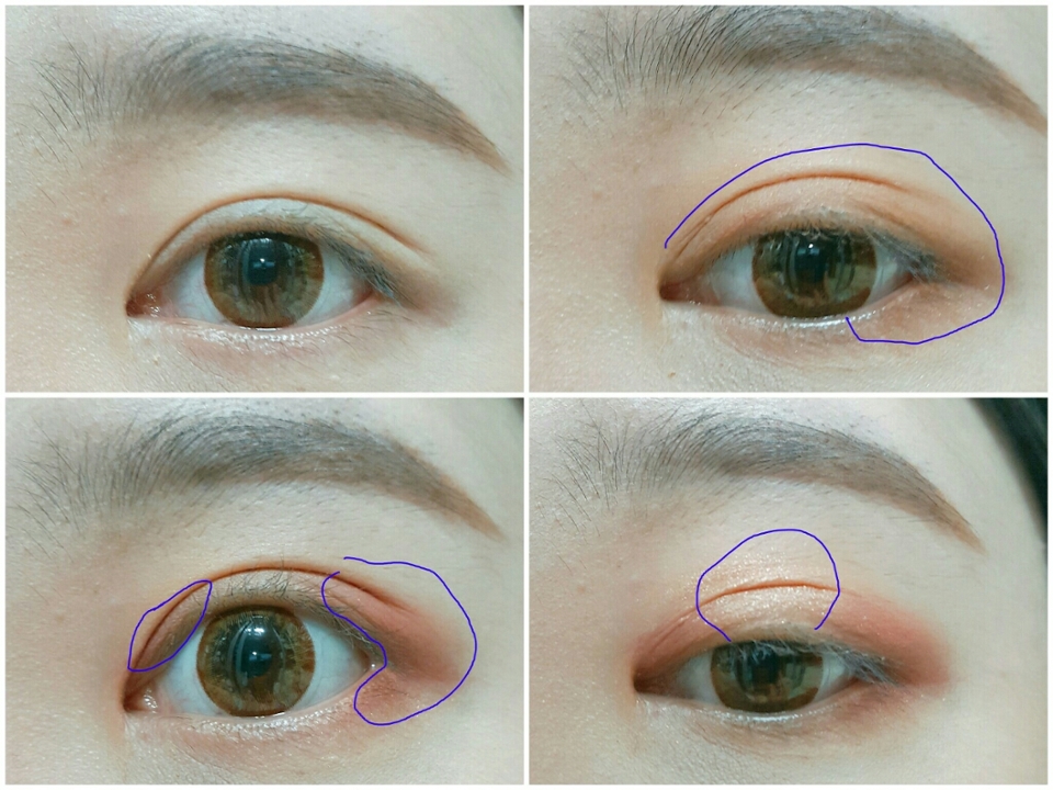 렌즈는 제니비 힐브라운입니다! 눈 전체에 1번 섀도우를 베이스로 깔아주세요. 앞뒤에 음영을 잡듯 2번을 블렌딩해준다음, 3번을 눈 중앙에만 찍어주세요