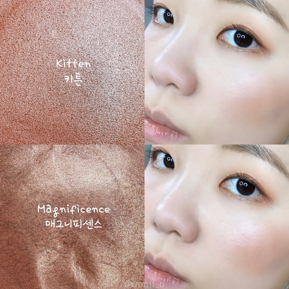 #키튼 (Kitten): 스틸라 제품에 단어 ‘키튼’이 빠질순 없겠죠?ㅎㅎ 부드러운 누드 핑크 계열이라 자연스러운 블러셔로 사용하기 좋았어요!

#매그니피센스 (Magnificence): 키튼과 비슷한가? 싶었지만 조금더 로즈피치빛이 돌고 은은한 골드펄이 빛났어욯ㅎㅎ 색상이 하이라이터로 사용하기엔 조금 진한 느낌이라 블러셔로 딱이에요!