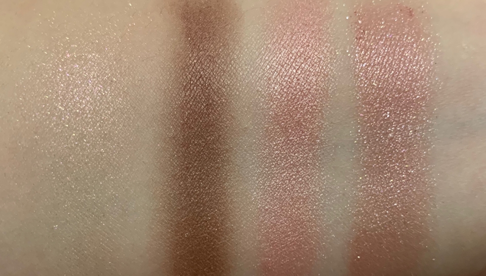 펄 섀도우들 보여드릴게요!

1) NO.6
맨 왼쪽 컬러입니다! 펄 입자가 굵은 핑크 글리터 섀도우예요! 팔레트에 있는 색들 중 제일 예쁜 컬러예용. ❤️❤️ 눈두덩이 중앙에만 발라서 입체감 주기에 완전 예쁜 컬러랍니당.

2) BABY CHU
왼쪽에서 두 번째 컬러! 얘는 NO.6 컬러 보다는 펄 입자가 작은 핑크 쉬머 펄 섀도우예요! 컬러가 연한 편이라서 애굣살에 발라도 좋고, 그냥 베이스로 발라도 좋은 것 같아요! 

3) LOVE ME
세 번째 컬러! 펄 브라운 섀도우입니당! 얘도 데일리로 엄청 많이 쓰는 컬러라서 라이너로 쓰거나, 조금 짙은 메이크업 할 때는 쌍꺼풀 라인에 바르고 삼각존 채워도 예쁠 것 같아요! ❤️

4) DKDK
네 번째 컬러는요, 얘도 굵은 펄의 살구색 섀도우예요! 얘는 컬러 보다는 펄이 돋보이는 섀도우라서 눈두덩이 중앙에 바르기 좋은 컬러입니당! 😍