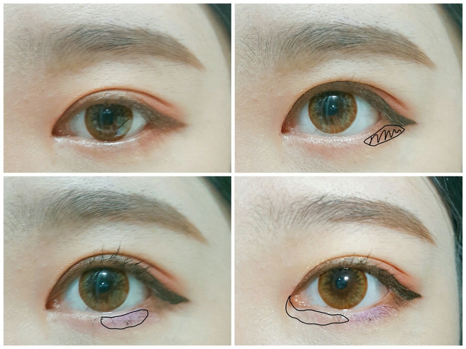 4로 기본 아이라인 틀을 잡아줍니다 눈꼬리가 너무 내려가지 않게 그려주세요! 2번 사진에 표시한 부분에 살살 채우듯 그려주세요, 저는 눈이 더 길어보이라고 붓펜으로 끝부분만 또렷하게 그렸어요. 포인트로 연보라색 섀도우를 눈밑 중앙에 연하게 발색했어요!