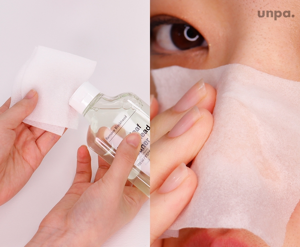 부직포 타입의 얇은 화장솜에
블랙헤드 클리너를 충분히 묻혀줘

민트가 함유되어 있기 때문에 민감 피부는
물에 희석해서 사용해주는 게 좋아