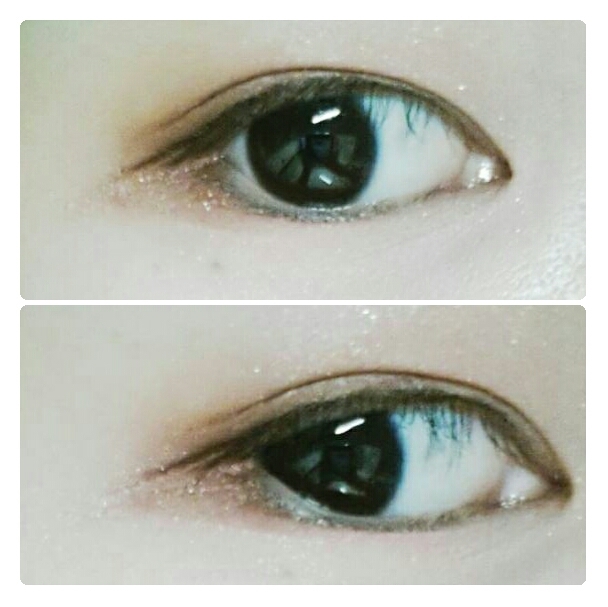 아까 썻던 더페 아이라이너로 눈 점막을 꼼꼼히 채워주시고 사진에 보면 아이라인 끝이 두줄로 되어있는거 보이실꺼예요! 한줄은 길게 한줄은 짧게 그려서 좀 더 눈이 쳐져보이게 그려줍니다!