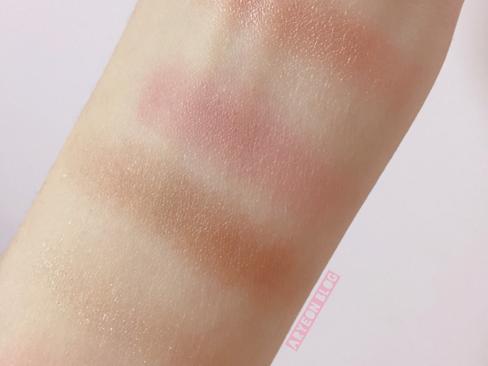 위에서부터 모노아이즈 로즈골드, 에뛰드 달달한 대추차, 에뛰드 코지베이지, 케이트 베스트 아이섀도우 셀렉션