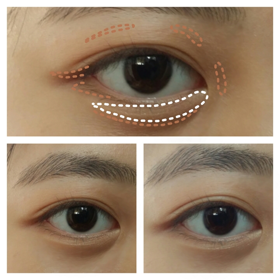진한 컬러로 저기 표시해둔 곳에 칠해주구요
흰색부분엔 쉬머한 금펄을 올려줍니다
눈두덩이 중간 위쪽엔 있다가 좀 수정해줬어요

베이스로는 눈두덩이에 연한 컬러 칠해줬습니다!

애굣살 : 메이크업헬퍼 올데이 하이라이터 코튼캔디 >>쓰기엔 펄이 좀 커요