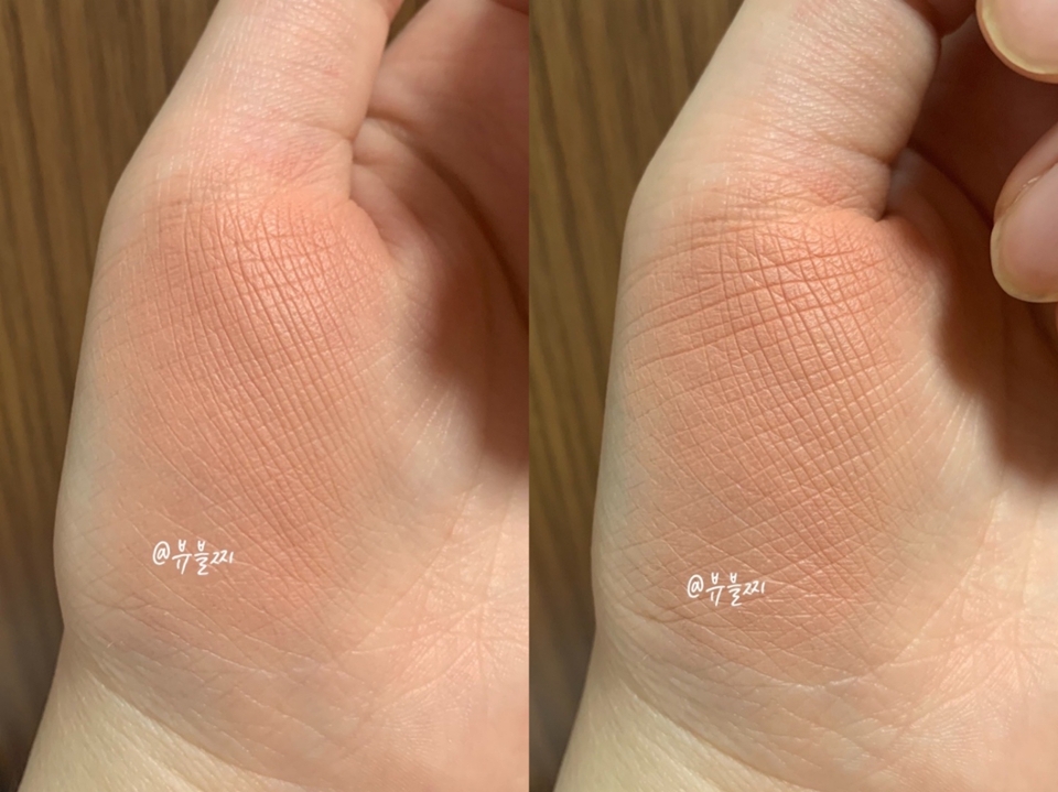 왼쪽은 손으로 한번만 발색했을 때,
오른쪽은 두세번 발색했을 때의 모습입니다

입자는 정말 고운데 가루날림 거의 없고
계속 올렸을 때도 텁텁한 느낌 없이 올라가요