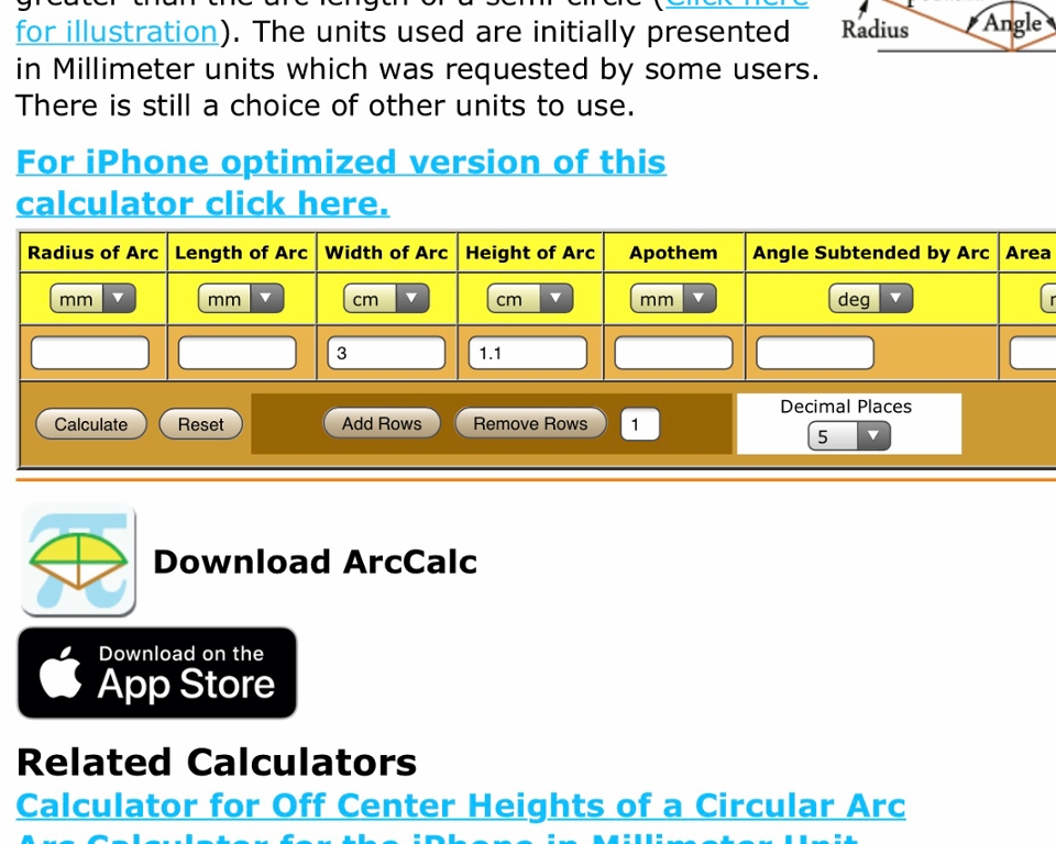 이 사이트에 들어가서 Width of Arc에는 눈 길이를 Height of Arc 에는 굴곡의 길이를 넣고 Calculate를 눌러주시면