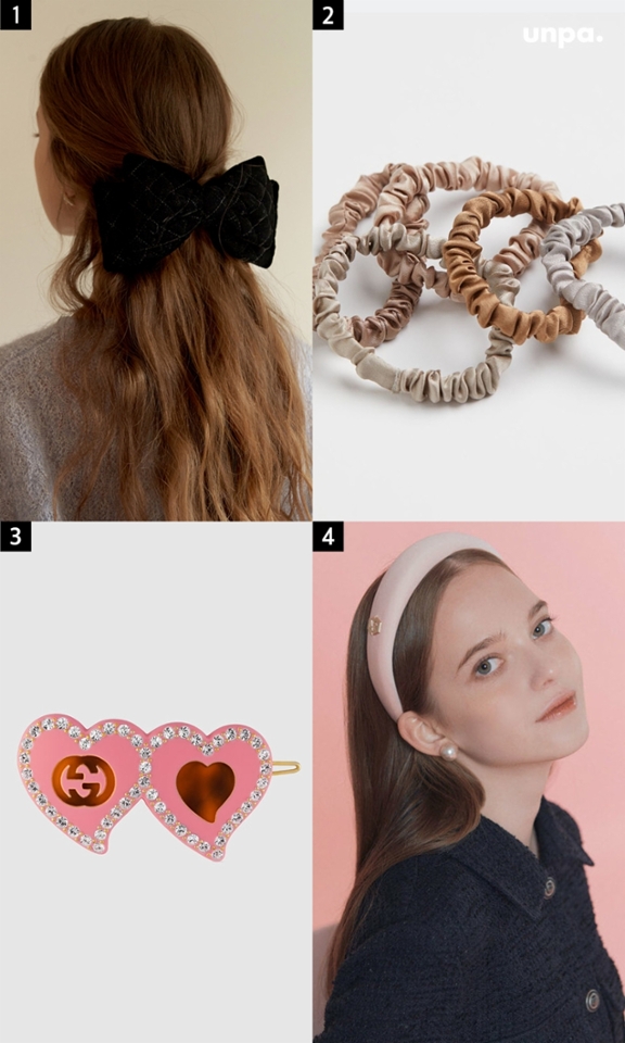 1.타티아나쥬얼리 / 메리 퀼팅 벨벳 리본 헤어핀
2. H&M / 실크 머리끈
3. 구찌 / GG 및 하트 헤어 클립
4. 루에브르 / 다이애나 헤어밴드 Diana Hairband
.
.
여기까지 셀럽들이 선택한 트렌디한
봄 아이템과 제품을 몇가지 추천해 봤어 >_<

요즘 날씨도 너무 좋아
꽃놀이, 나들이, 놀이동산 등
놀 계획 가득 세웠을 건데,
이런 유행하는 아이템 하나 포인트로
예쁜 데이트룩 코디해 보자구!
♥♡♥♡♥♡♥♡