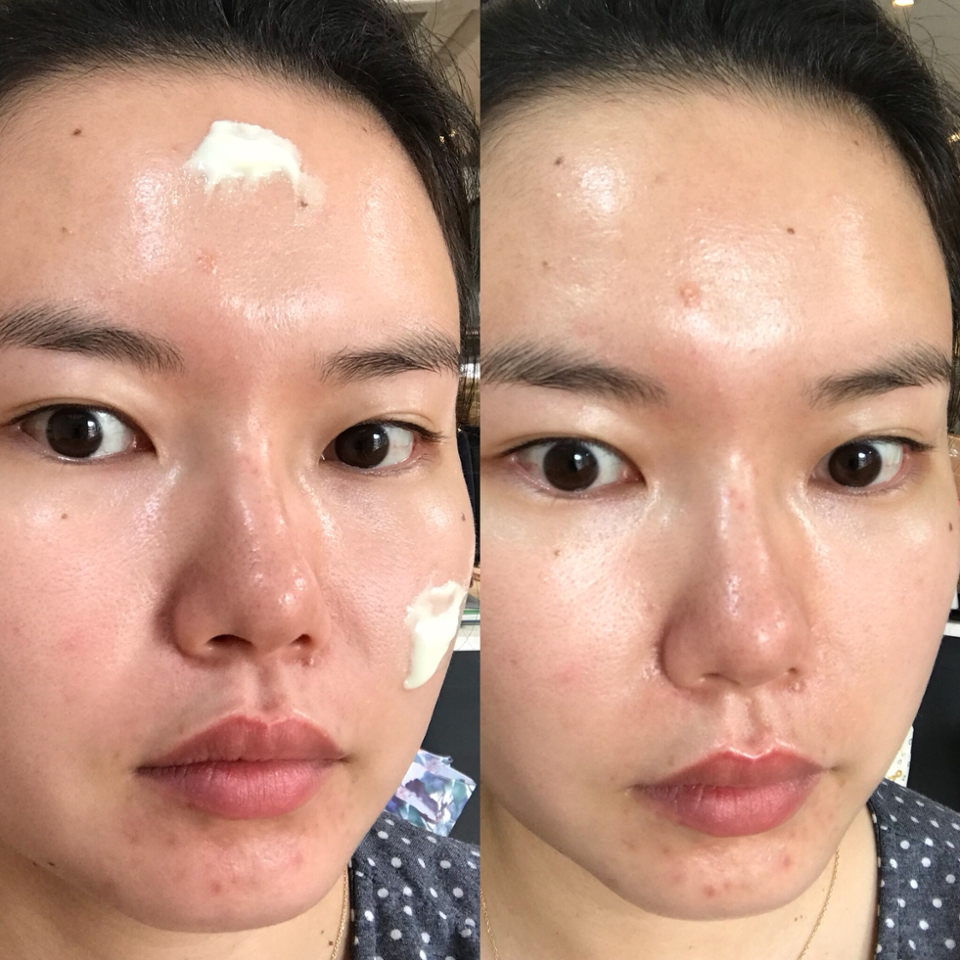 크으, 얼굴에 올려놓으니까
더 빛을 발하는 광채 !
진짜 선크림이 아니라 수분크림을 바른 것 같지 않나요??ㅋㅋ

선크림 일일 정량 만큼 듬뿍 짜서 얼굴에 발라줬는데도 넘치거나 밀림없이 싹~ 흡수되고 광만 남은 피부 >_<
답답함이 전혀 느껴지지 않았어요 !