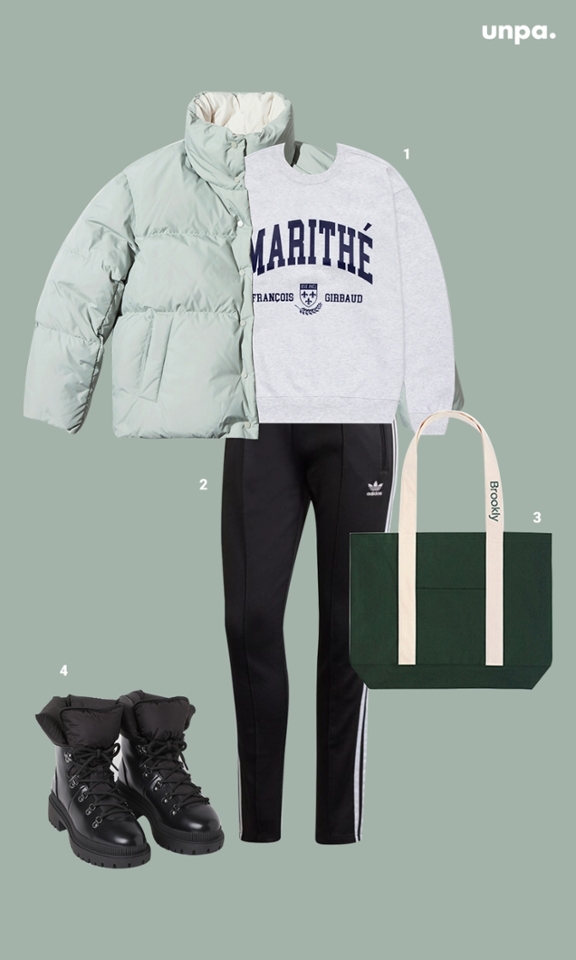 1.Marithe Francois Girbaud 스웻셔츠
2.adidas 슈퍼스타 팬츠 PB
3.Brookly Basic Bag
4.H&M 페이크 퍼 라인드 부츠

잘 차려입기 귀찮지만,
그래도 가까운 장소로 외출 할 때
꾸안꾸 느낌을 주고 싶다면?
보기만 해도 편안한
원마일웨어룩을 제안해 볼게 : )

패딩과 부츠로 한겨울에도 따뜻하면서,
움직임이 편한 트랙 팬츠와
오버사이즈 맨투맨 그리고 
박시한 에코백으로 더 가볍고
편안한 외출룩을 완성해 보자.