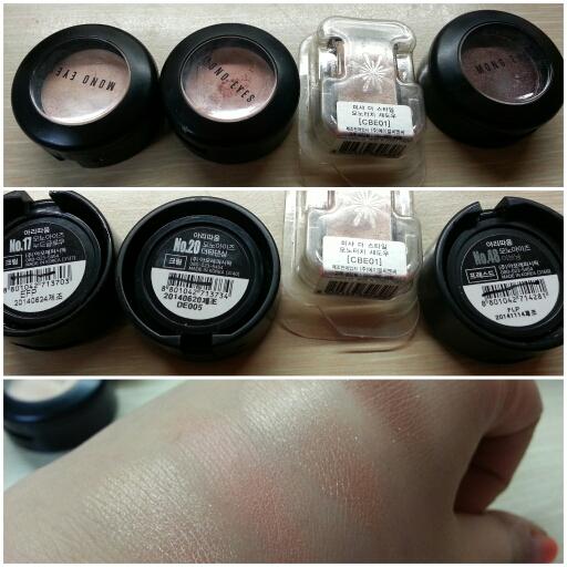 3.크림타입 쉐도우를 준비해 주세요~ㅎㅎ
왼쪽부터 모노아이즈 누드글로우, 모노아티즈 더티댄싱, 미샤 모노터치 CBE01, 마지막은 쉬머타입의 모노아이즈 이브닝