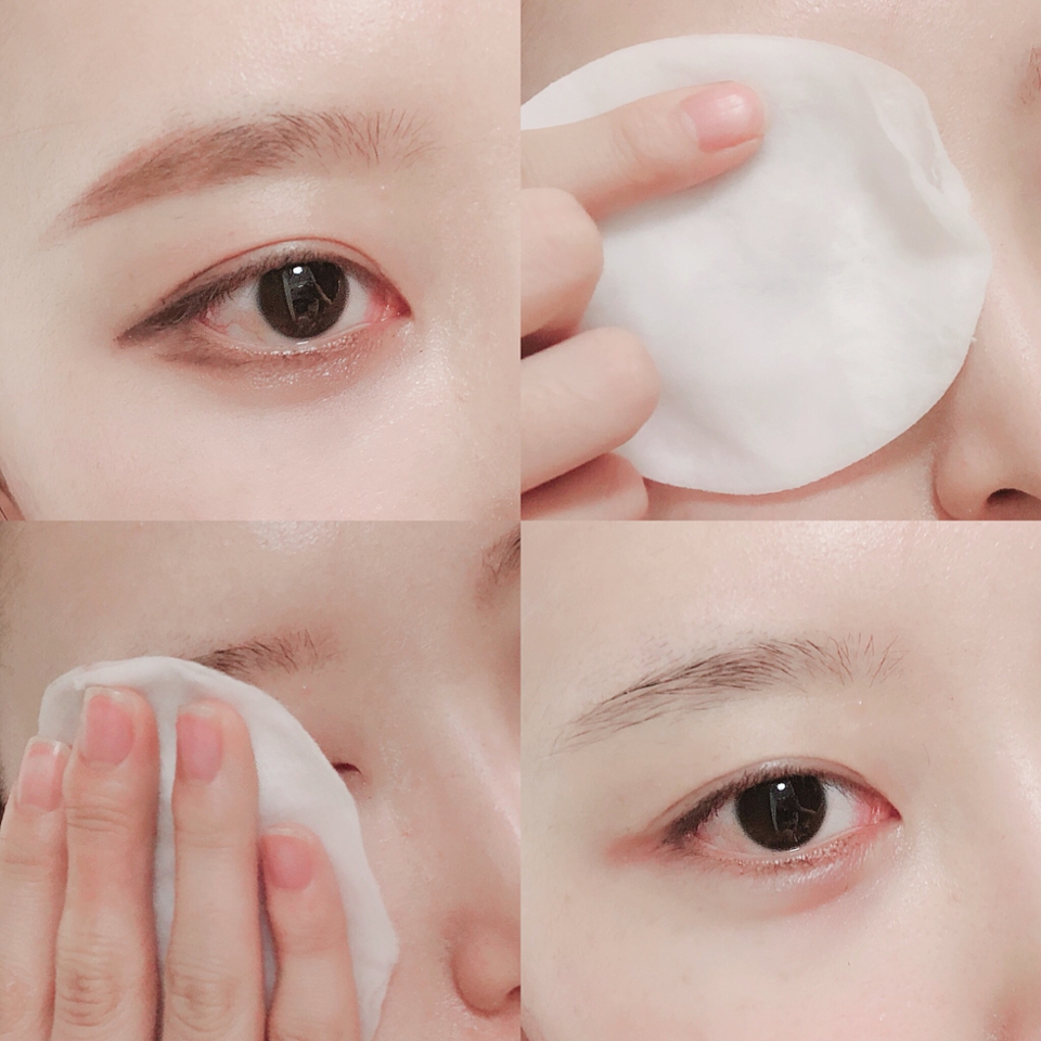 아이라인,눈썹,베이스메이크업 싹 깨끗히 지워졌구요
스트라이프 패턴이 있는 부분으로 한번 지워주고
플라워 패턴으로 말끔히 지워줬어용! 
마스카라 빡세게 한날만 아니면 진짜 자극없고 건조하지도 않고 유용한 제품이에용! 클렌저로 세안 한번 더 해주면 끝!
