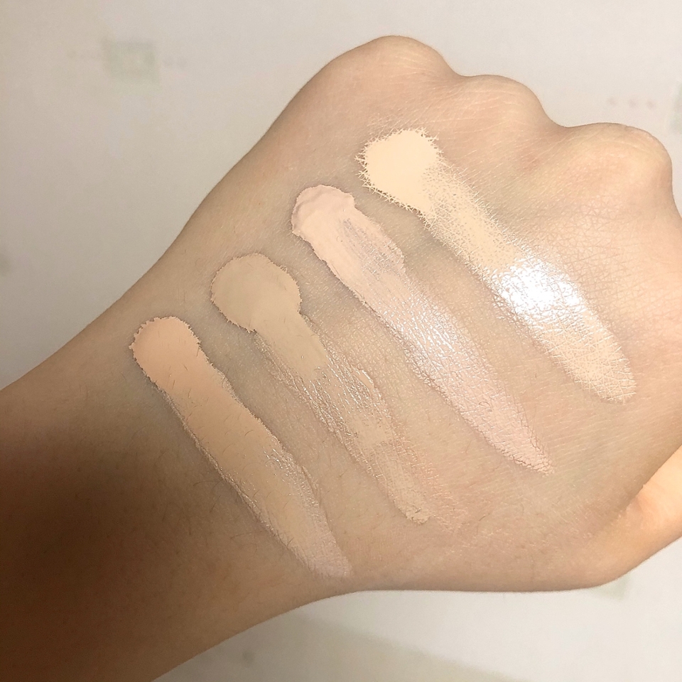 (왼쪽부터)1 - 페리페라 잉크래스팅 커버 파운데이션 2호 베이지2 - 미샤 M 퍼펙트비비 RX3 - 미샤 초보양 17호4 - 에스쁘아 프로 테닐러 파운데이션 비글로우제가 위에서 말씀드린것 처럼 분명 이렇게 색 차이가 나는 호수 인데도"토인"을 만들지 않고 자연스럽게 톤다운 해줘서너무 좋았어요!!! 이제  진정 베이스맛집이 된건가? 미샤? >_<