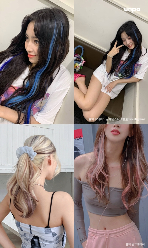 시원한 바다와 청량한 하늘이 생각나는
푸른색 계열로 포인트를 준
트와이스 모모 스타일은
심심한 데일리룩에도 
포인트 주기 딱이야!

이렇게 본인의 헤어 컬러와
뚜렷하게 대비되는 원 포인트 컬러로
듬성듬성 무심하게 연출해 주면
좀 더 쿨하고 오묘한 분위기를 완성해 줘 :-)

풀어도 예쁘고
묶어도 오묘한 분위기를 완성해 주는
헤어피스 스타일 완전 끌리는데?!
