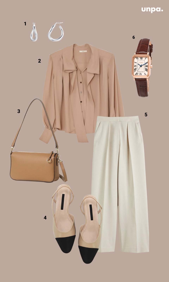 1. 골든듀 / GRA033ER
2. 렉토 / NAUCIA SCARF COLLAR BLOUSE
3. 헤지스 / 브라운 투톤 포켓 포인트 숄더 겸 크로스백
4. 소보제화 / 티이라 슬링백 플랫 펌프스
5. H&M / 테일러드 팬츠
6. 로이드 / 어썸스퀘어 클래식 시그니처 브라운골드 가죽시계

차분한 브라운 계열의 톤온톤 코디는
하객룩, 격식룩으로 실패할 일 없으면서
성숙하고 우아한 룩을 스타일링 할 수 있어 : )

밝은 계열의 브라운과 아이보리 조합이라
칙칙해 보이지 않으면서
내추럴하게 흐르는 리본 블라우스가
충분히 여성스러운 포인트가 될 것 같아
.
.
.
여기까지 신부 다음으로
결혼식을 빛내줄  하객룩 코디를 알아봤어!
참고해서 다가오는
4 & 5월 결혼식 때 예쁘게 입고 참석하길 바래♥