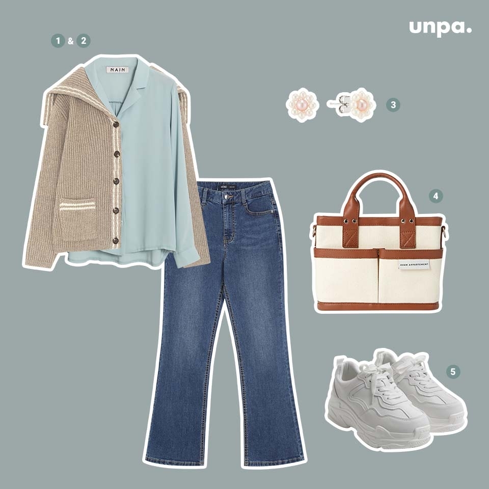 1. 커먼유니크 세일러 카라 니트 가디건
2. NAIN 오픈카라 소프트컬러 블라우스
3. 타티아나쥬얼리 진주 꽃 귀걸이
4. AVAM  Brown Leather Tumbler Bag
5. 소보제화 키높이 통굽 스포티 어글리 스니커즈

부드러운 베이지색 가디건을 매치한
편안한 느낌의 가을
데이트룩& 데일리룩을
제안해 볼게 :)

아기자기한 진주귀걸이,
캔버스 소재의 가방으로
20대의 상큼하고
캐주얼한 느낌을 더해보았어