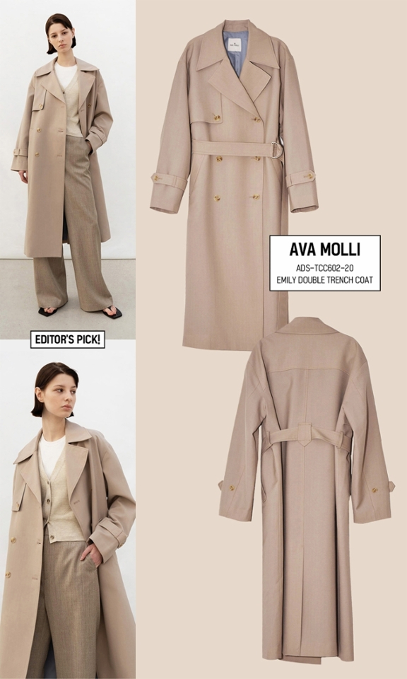 에디터가 선택한 트렌치코트는 바로 이것!
바로 디자이너 브랜드 아바몰리의
깔끔하고 고급스러운 베이지색 코트야~

클래식한 디자인에 여유 있는 소매와 기장 그리고
자연스럽게 착 떨어지는 멋스러운 실루엣으로
탈부착 가능한 D 링 버클 벨트로 핏 조절이 가능해
다양한 룩을 연출할 수 있는 장점이 있어~
휘뚜루마뚜루 입을 베이지 코트가 없다면 참고해보자★