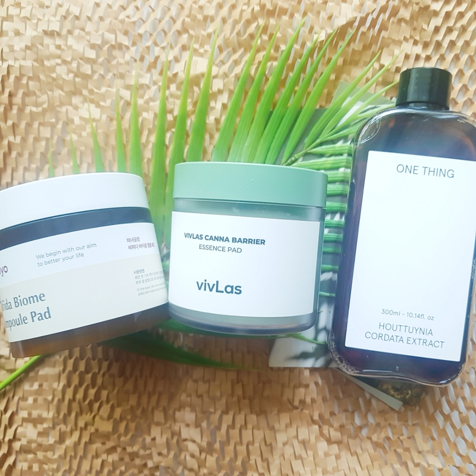 •마녀공장 비피다 바이옴 앰플 패드
•비브라스 칸나 베리어 에센스 패드
•원씽 어성초 추출물

많이 익숙한 제품이 2개나 있죠?! 'v' 그정도로 찐으로 추천드리고픈 제품이에요ㅎㅎ

마녀공장 제품부터 간략히 소개해드리자면,
70매 들어있는 제품인데 엠보싱&순면으로 이루어져 있어서 각질 및 피지 케어+결정리를 동시에 할 수 있는 제품이에요ㅎㅎ 마녀공장에서 제일 유명한 바이옴 앰플 라인들 중 하나라서 진정효과에 탁월하고 순해서 믿고 사용하고 있는 제품이에요!

비브라스 패드는 최근에 올린 파워리뷰 보신 분들은 아시겠지만, 제가 제일로 잘 쓰고 있는 제품이에요! 제공 받은 제품이지만 대놓고 찐 꿀템이라 당당히 이야기 할 수 있읍니다.
마찬가지로 70매에 엠보싱&순면으로 이루어진 패드에요!
마녀공장과 차이점이 있다면, 이 제품은 에센스가 좀 더 무겁고 보습감이 있다는 점? 그래서 패드 자체에 자극도 마녀공장보다 더 적어요ㅎㅎ

마녀공장은 온전히 각질정리에 집중하고픈 날에 쓰고 비브라스는 스킨케어하기 귀찮은 날 많이 써요ㅎㅎ

원씽 제품은 제가 입이 마르도록 추천드렸던 제품이쥬🤭
저는 어성초 성분이 제일 잘 맞는 듯 해서 어성초 추출물을 사용해주고 있어요. 용량이 생각보다 커서 미스트로도 쓰고 팩처럼도 쓰고 닦토 해주기도 해요ㅎㅎ
미스트 형식으로 제일 많이 사용해주는데 밤낮 가릴거 없이 매일 사용하고 있어요! 팩토너 형식으로는 전체적으로 사용하기 보다 부분적으로, 예민한 부분을 집중적으로 사용해주는 편이에요ㅎㅎ
온전히 진정을 위해 만들어진 제품이라 수분감이 별로 없어서 당김개선은 없더라고요!!