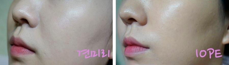 제가 이미 가지고 있는 아이오페와 색감 비교 해볼게요

견미리 팩트는 흰색, 즉 웜톤을 쿨톤으로 만들어주는 느낌?
앞에도 말씀드린것 처럼 핑크베이스를 깐것처럼 화사~~~한 느낌이라면
아이오페 제품은 자연스러운 피부 (약간 노람)를 만들어줘요