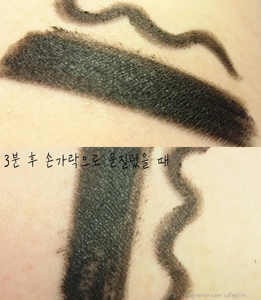 장점: 부드러운 발림감, 적당한 가격, 잘번지지 않음
단점: 무르다

테스트 중 유일하게 부서진 제품입니다😂
너무 물러서 잘번지지 않을까 했는데
의외로 번짐이 거의 없었어요
가격은 에뛰드 101펜슬과 동일했습니다.