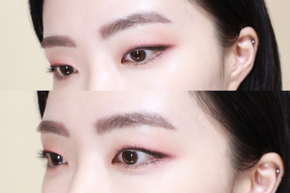 아이메이크업은 눈매가 또렷해 보이면서 전체적으로 핑크빛이 감도는 생기있는 무드를 연출해볼게요.
#Habori 님의 여린 눈건강을 위해 과한 글리터나 점막채우기, 인조속눈썹등은 사용하지않고 자연스럽게 표현해주었어요.
