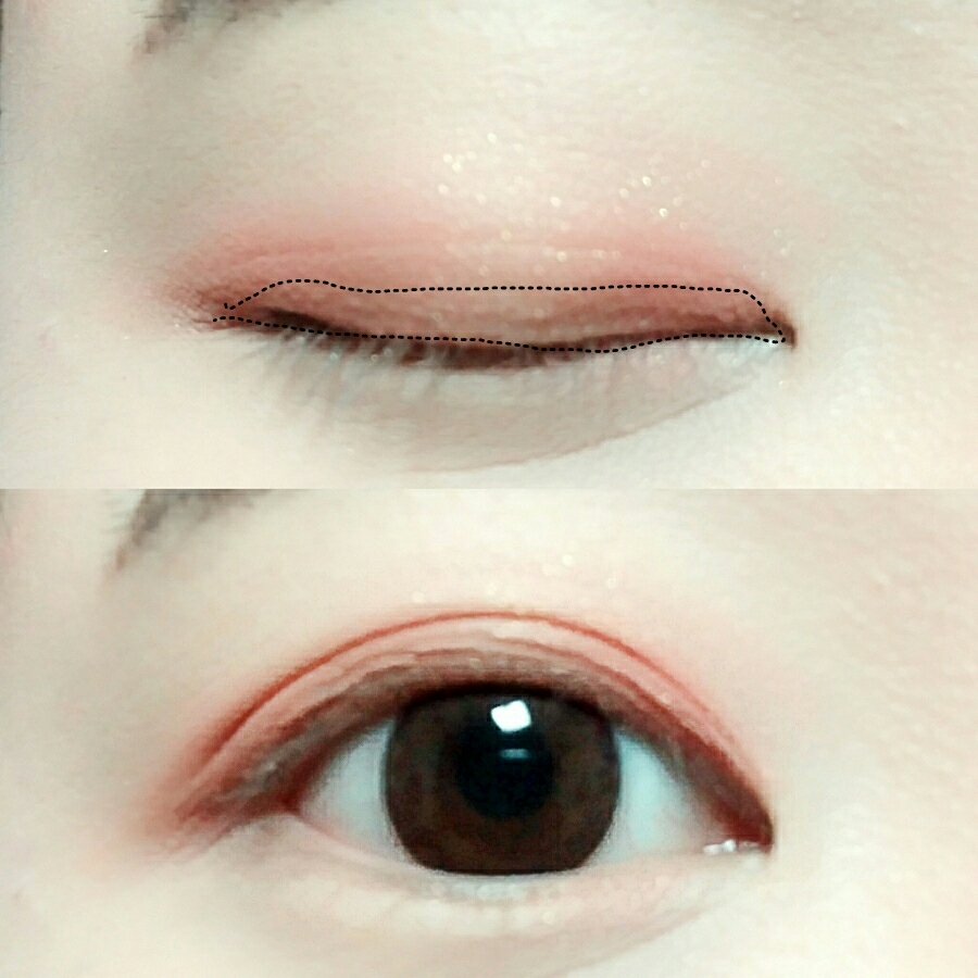 👋👍여섯번째
카라멜라떼색상을 쌍커풀라인안쪽중 반에 발라주는거에요
너무 붉은계열섀도만 바르면 눈이 부어보일수있어요
하지만 깔끔한자몽메이크업이라 너무어두운음영은 사용하지않을게요
그러니 밝은브라운을 사용해서 살짝그림자지는정도로만 연출해주세요