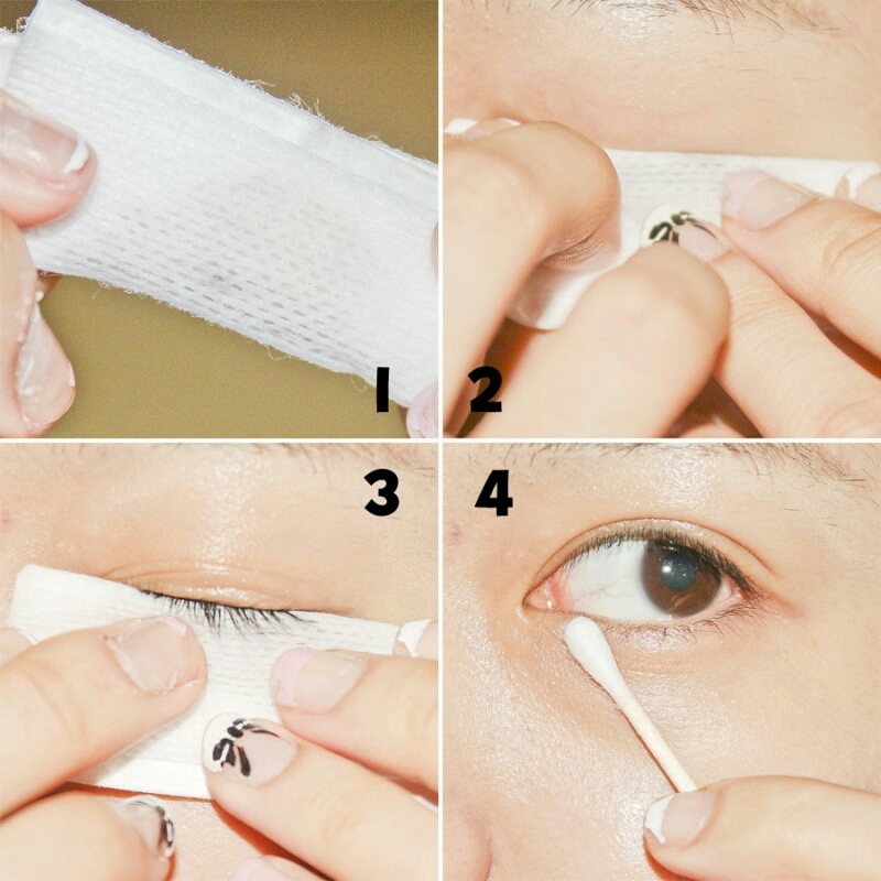 깨끗하게 마스카라를 다 닦아냈다면 뒷면을 이용해서 눈꺼풀을 덮어 눌러 내려 한번, 그 반대면으로 눈꺼풀 아래에서 위로 눈떠주며 한번 눌러 가볍게 닦아내고, 깨끗한 면봉쪽으로 마무리★