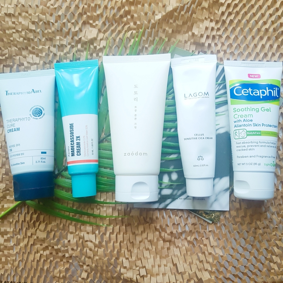 •테라피토에이벨 테라피토 큐어 크림
•어퓨 마데카소사이드 크림 2X
•자오담 도토리 모공 쫀쫀 크림
•라곰 셀러스 센서티브 시카 크림
•세타필 진정 젤크림

우선!! 제가 이걸 다 설명을 하려면 제 손모가지를 걸어야되서ㅎㅎ 어느 제형이고 어떤 상황에 쓰이는지, 비교하면서 가볍고 간단히 설명 드릴게요ㅎㅎ

테라피토에이벨 크림같은 경우는, 저번에는 로션으로 데꼬왔는데 이번 환절기에 맞춰서 크림으로 데리고 왔어용
로션 제형보다 당연히 꾸덕하고 보습감도 충분해서 수분 충전 후 자주 사용해주고 있어요!

어퓨 마데카소사이드 라인은 워낙 유명하죠ㅎㅎ 젤크림 제형이라 보습감보다 촉촉함이 더 많아요!! 물론 보습감이 아예 없거나 심각하게 적다는 소린 아니에요! 저는 쫀쫀한 제형의 앰플/세럼을 사용해주고 이 제품을 사용해주는 편이에요ㅎㅎ 병풀 성분도 들어있어서 진정에 탁월한 제품이에요! **비플레인 앰플이랑 같이 쓰면 완죤 찰떡궁합!

자오담 제품은 아마 모르시는 분들도 많으실텐데, 마녀공장 브랜드에서 출시한 라인이라고 생각하시면 되요! 수딩크림같은 제형이라 촉촉함이 더 가득가득하고 쿨링감도 있어서 시원하더라고요!! 앰플 대신 사용해주기도 하는 제품이라 간편 케어해주고픈 분들께 추천드려요ㅎㅎ

라곰 제품은 비건으로 유명한 브랜드쥬ㅎㅎ 지인분께 선물 받아서 사용해본 제품인데, 이렇게 좋은 제품이 인데 왜 안알려질까...? 싶은 제품이었어요! 외관보면 아시겠지만, 진짜 손 많이 간 제품...시카 크림이라 보습감이 빵빵해서 테라피토제품과 함께! 건성분들께 추천드리고 싶어요ㅎㅎ

세타필에서 이번에 출시한 진정 젤크림은 완전 젤크림이다! 라는 제형보다는 살짝 좀 더 꾸덕함이 있는 제품이에요ㅎㅎ 더마 성분 함유로 보습감과 진정효과가 뛰어나서 계속 꾸준히 사용해주고 있는 제품이에요! 최근에 받게 되었지만, 이건 찐으로 추천드리고픈!!