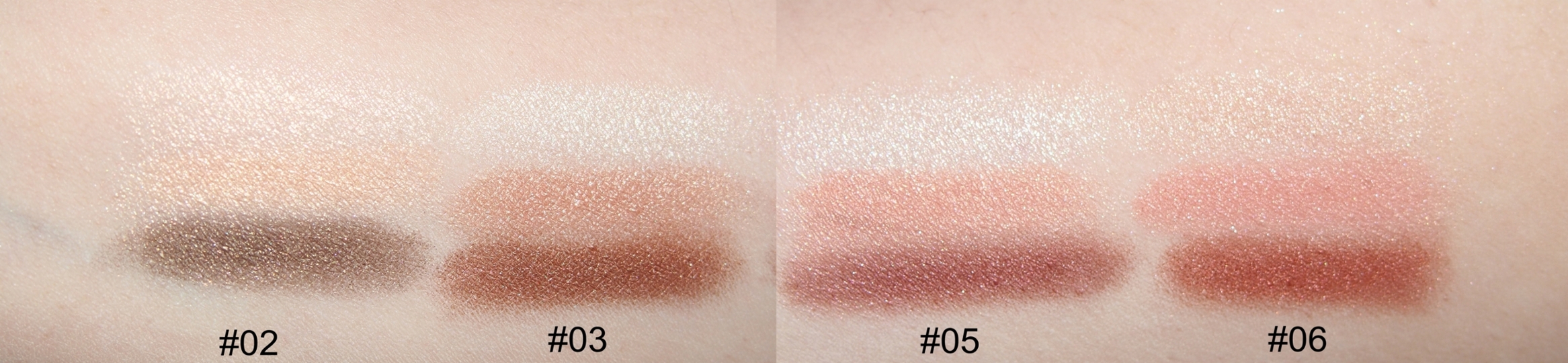 手臂試色
眼影的顏色看起來都相當實用，適合上課或上班或想裝乖時畫。
2號中間色其實沒看起來那麼的橘，眼線色是偏綠的咖啡色
3號就是一般大地色
5號是偏紅的咖啡色但看起來像酒紅色
6號則是粉色加紅咖啡色的組合
