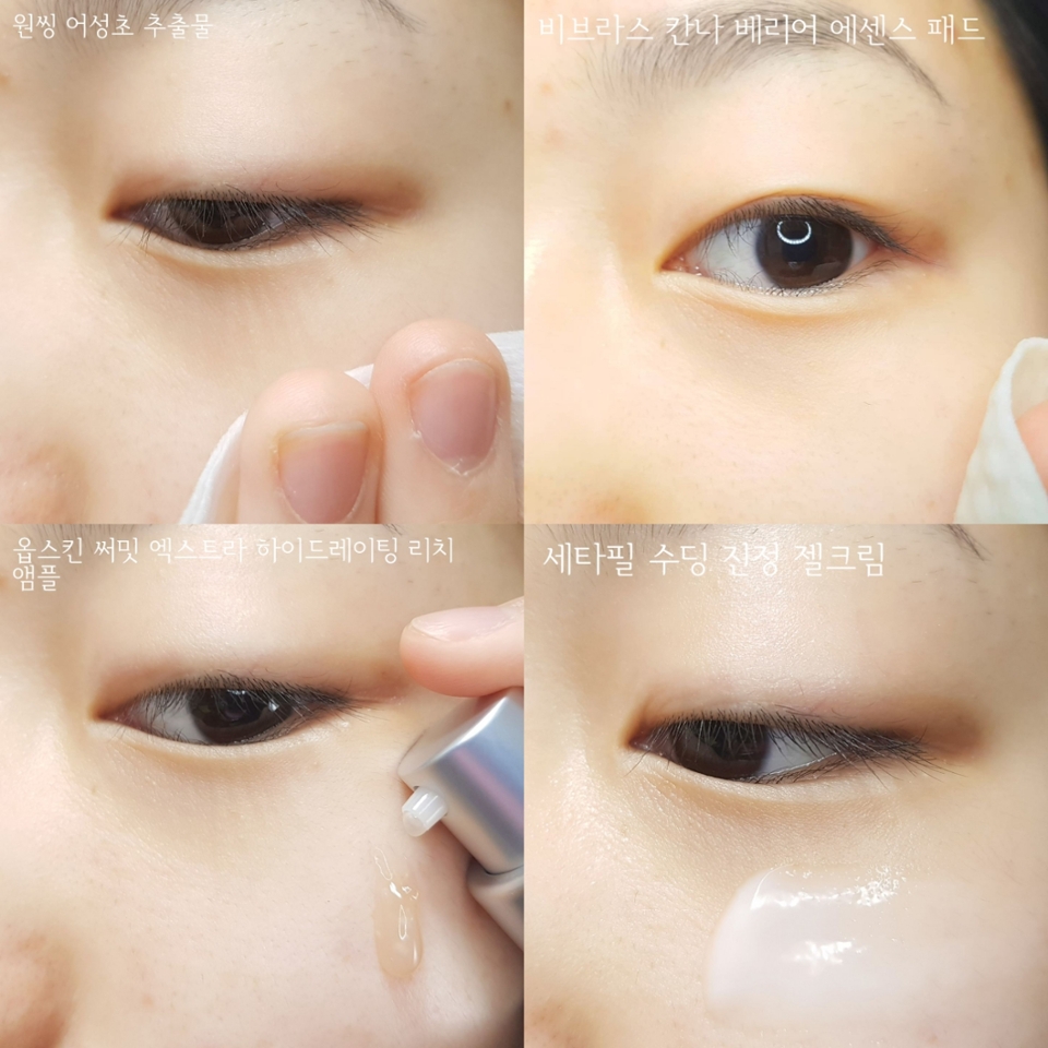 제가 요 제품들 중 2가지 꿀조합을 알려드리려고 해요ㅎㅎ 요거는 건성분들께 추천드리고픈 쫀쫀+보습+진정 조합이에요!

저는 참고로 저는 어성초 제품은 미스트로 사용해주는 편이에요ㅎㅎ 사진으로 나타내기 위해 닦토로 사용해줬습니다!

•어성초로 달아오른 피부를 진정시켜줍니다.
•비브라스 패드로 부드럽게 각질제거&피부결 정리 해줍니다.
•옵스킨 앰플 적당량 펴발라줍니다. (문지르지 말고 톡톡 두드려서 흡수시켜주기!!)
•세타필 크림 두툼하게 올려서 보습막 만들어줍니다.

이런 스킨케어류는 많이 바른다고 피부가 좋아지는게 아니고 오히려 적게 발라줘야 더 좋아진다고 하더라고요! (화장품다이어트) 그래서 예전에는 몆 단계 거쳐서 발랐다면, 요즘에는 간단하게 발라주고 있어요ㅎㅎ