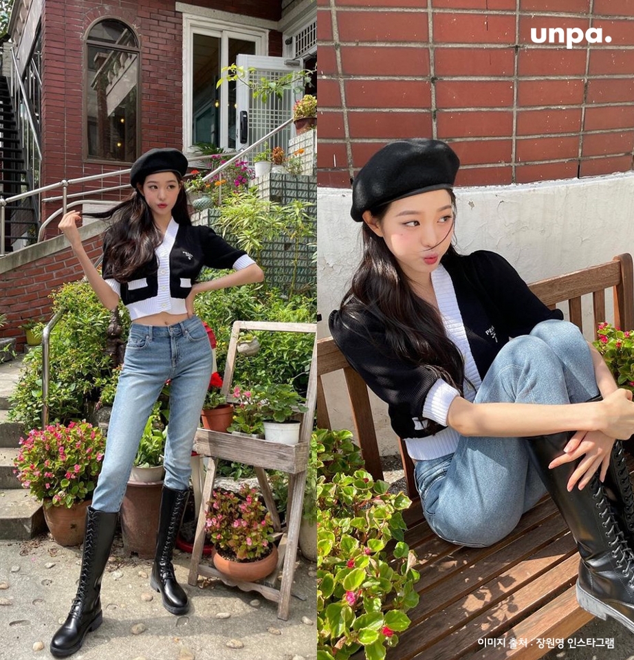 옷장에 블랙 가디건, 청바지 없는 사람 없지…?
근데 에디터는 요렇게 멋스럽게
입어볼 생각은 해보지도 못했네ㅠ
내일은 원영이 따라서 입어봐야지
~ς(˶ ᵔ  ᵔ•˶)

블랙 가디건은 크롭 기장에
화이트 배색이 크게 들어가있어
더워보이기보다는 오히려 화사하고
고급진 멋도 느껴지는 것 같아.

베레모에 워커 롱부츠까지 장착해 주면
패셔니스타가 따로 없는걸?