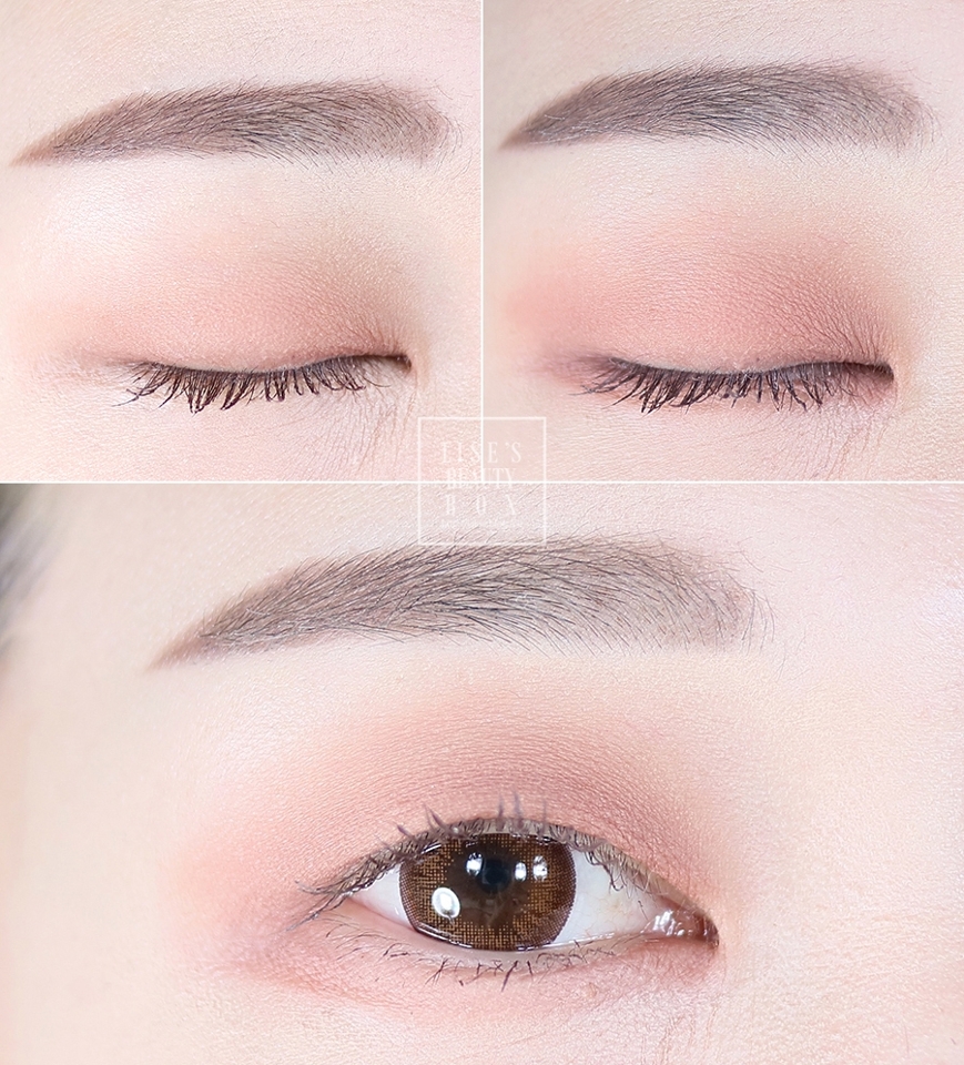 왼쪽 상단은 섀도우를 얇게 펴발라준 모습이고,
오른쪽 상단은 진하게 섀도우를 덧발라주었어요.
아래 사진은 눈을 뜨고 찍어보았답니다 >_<