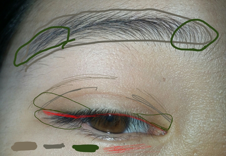 아리따움 얼쓰를 베이스 섀도로 깔아주신후에 에뛰드하우스의 레이디 얼그레이를 쌍꺼풀라인 살짝 오바되게 발라주시구 에뛰드하우스의 쑥스러운너를 눈앞머리와 뒷머리, 언더에 빡 해주시구 빨간선 처럼까만 아이라이너 를 위로 얇게 빡!! 그리고 파워 마슼하라!!