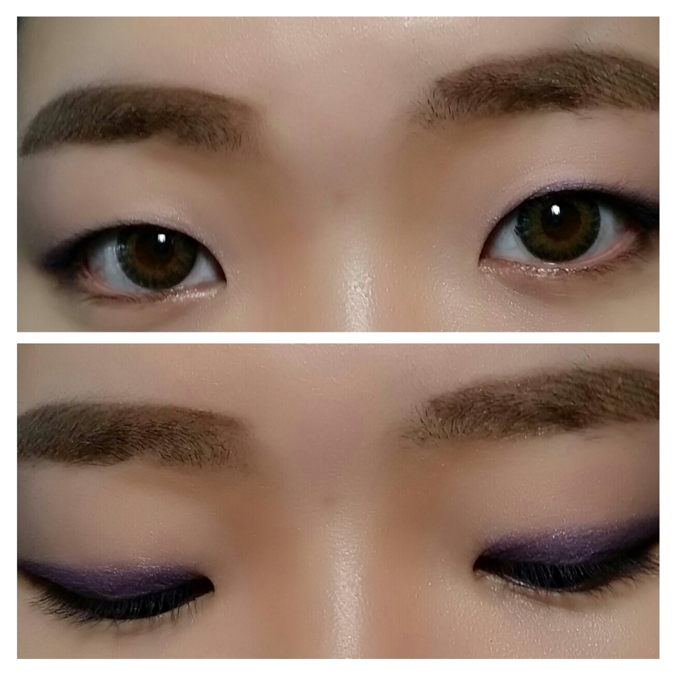 3. 블랙펜슬 라이너로 점막을 채워주시고, 
    아이라인은 뒷쪽부터 약간만 빼서 그려줍니다.
4. 쌍커플 라인에 진한 보라색 섀도우를 발라줍니다.
    (눈을 떳을 때 살짝 색감이 보일 정도로만!)