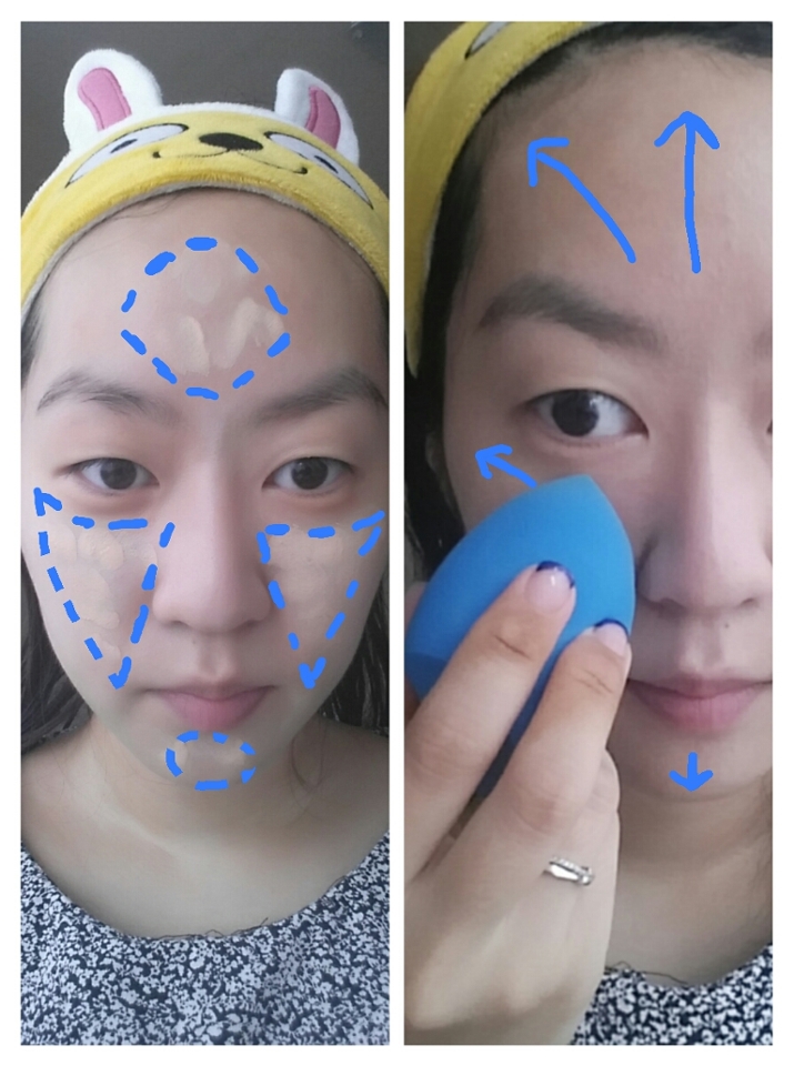 1.루나 비비파운데를 얼굴 안쪽에서 바깥쪽으로 촉촉퍼프를 사용해 한겹 발라요. 눈썹 끝, 코, 입술 끝까지 삼각형을 그린 면적이 안쪽이에요 
2.가장 튀어나온 눈밑 볼 부분이랑 이마는 한겹 더 발라 자연스러운 하이라이트와 윤곽표현 효과를 내요🙌